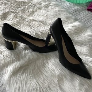 Black leather DKNY block heel pumps